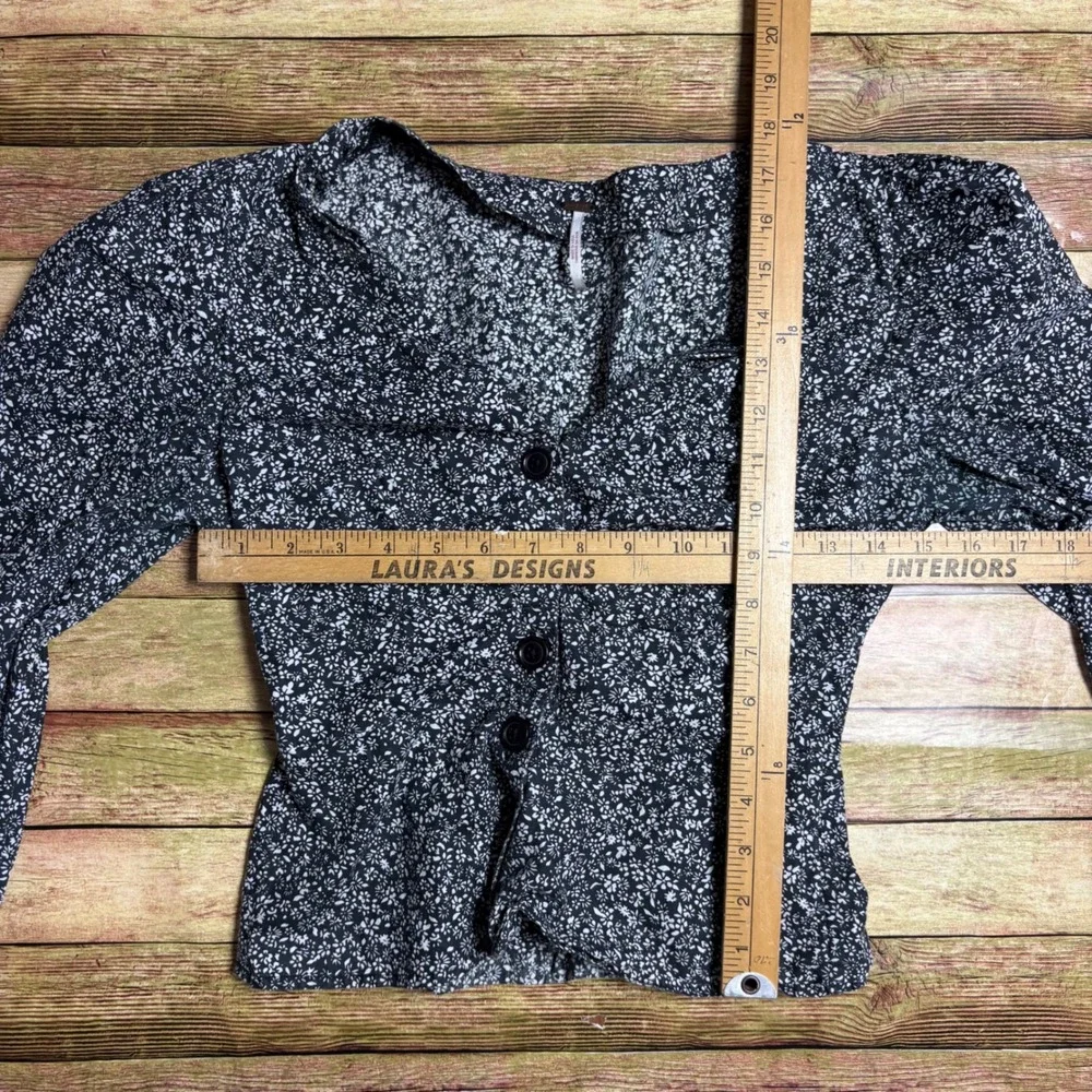 Free People Sienna Ditsy Floral Smocked Waist Button Front Blouse Black XS